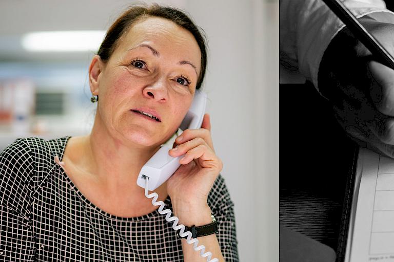 Bild einer Mitarbeiterin am Telefon und ein Bild eines Terminkalenders und Händen einer Person mit Stift und Smartphone in den Händen